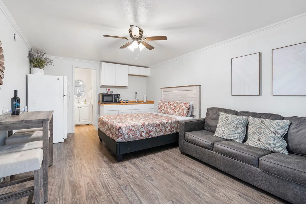 This image presents a well-composed view of the studio interior, highlighting the bed, sofa, kitchenette, and a small dining table. The space feels inviting and practical for both relaxing and socializing, showing the multifunctional nature of the studio.